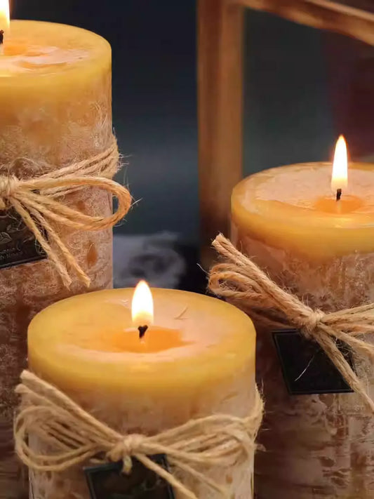 Rustic Pillar Candle Set with Wooden Tray – Set of 3